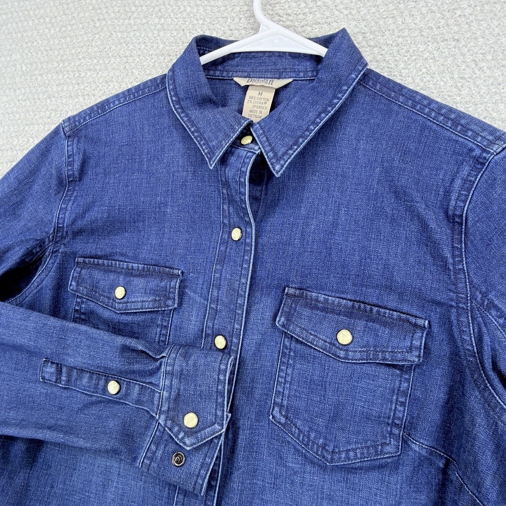 Duluth Trading DuluthFlex Denim Shirt Women's M Blue Pearl Snap Western Stretch